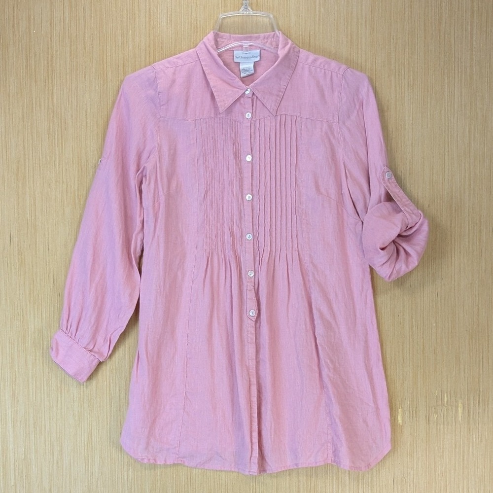 Soft Surroundings Boho Preppy 100% Linen Pintuck Tunic Top PXS Pink Button Down